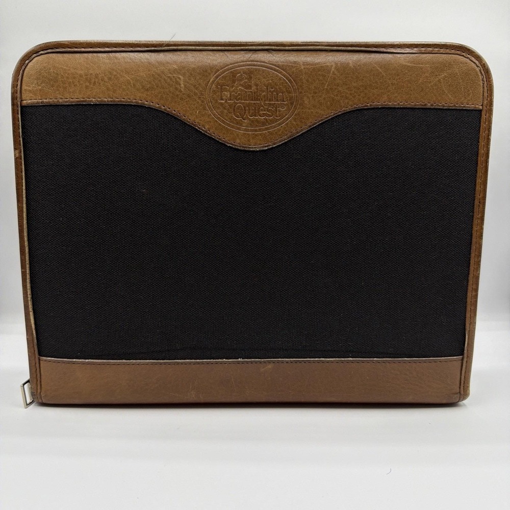 Vtg. Franklin Quest ~Blk. Canvas/Brown Leather Trim ~Green Line Planner Zip